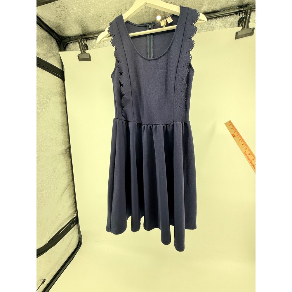 Navy Blue Scallop Eyelet Trim Skater Dress Sleeveless Textured Knit Medium
